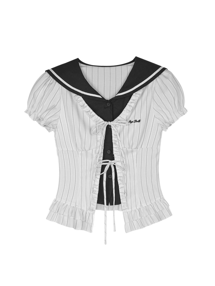 Pinstripe Sailor Collar Ruffle Top
