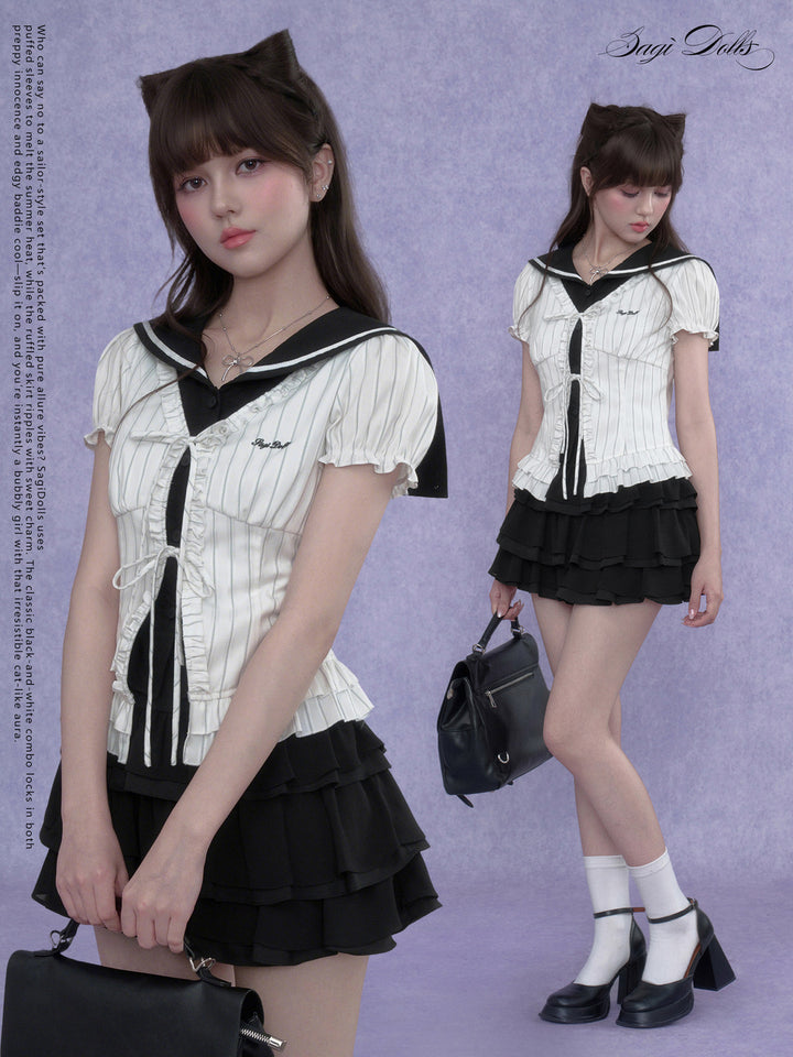 Pinstripe Sailor Collar Ruffle Top