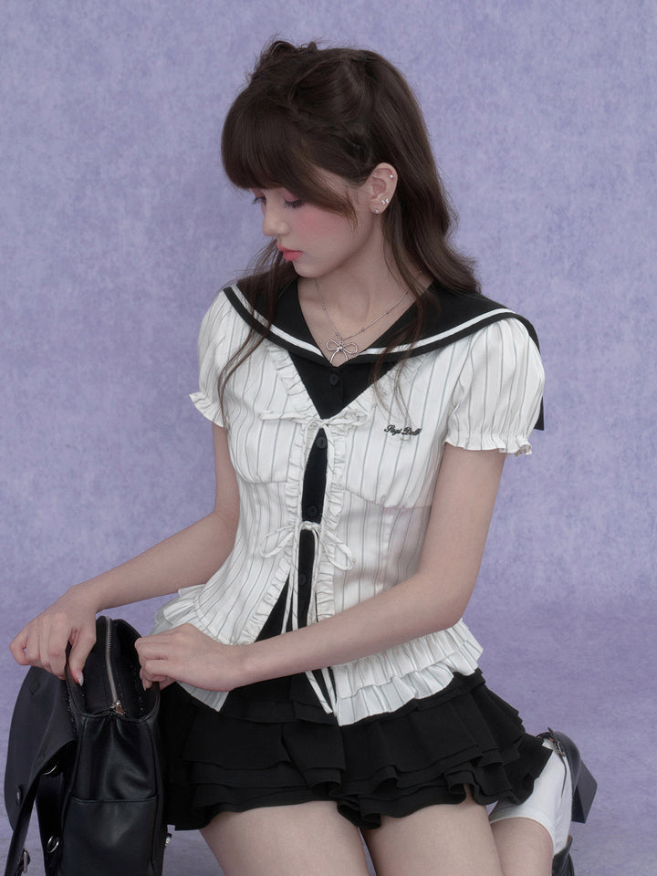 Pinstripe Sailor Collar Ruffle Top