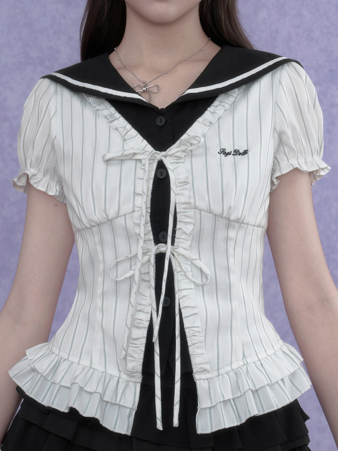 Pinstripe Sailor Collar Ruffle Top