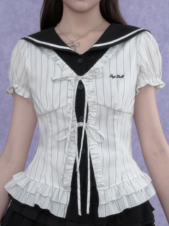 Pinstripe Sailor Collar Ruffle Top