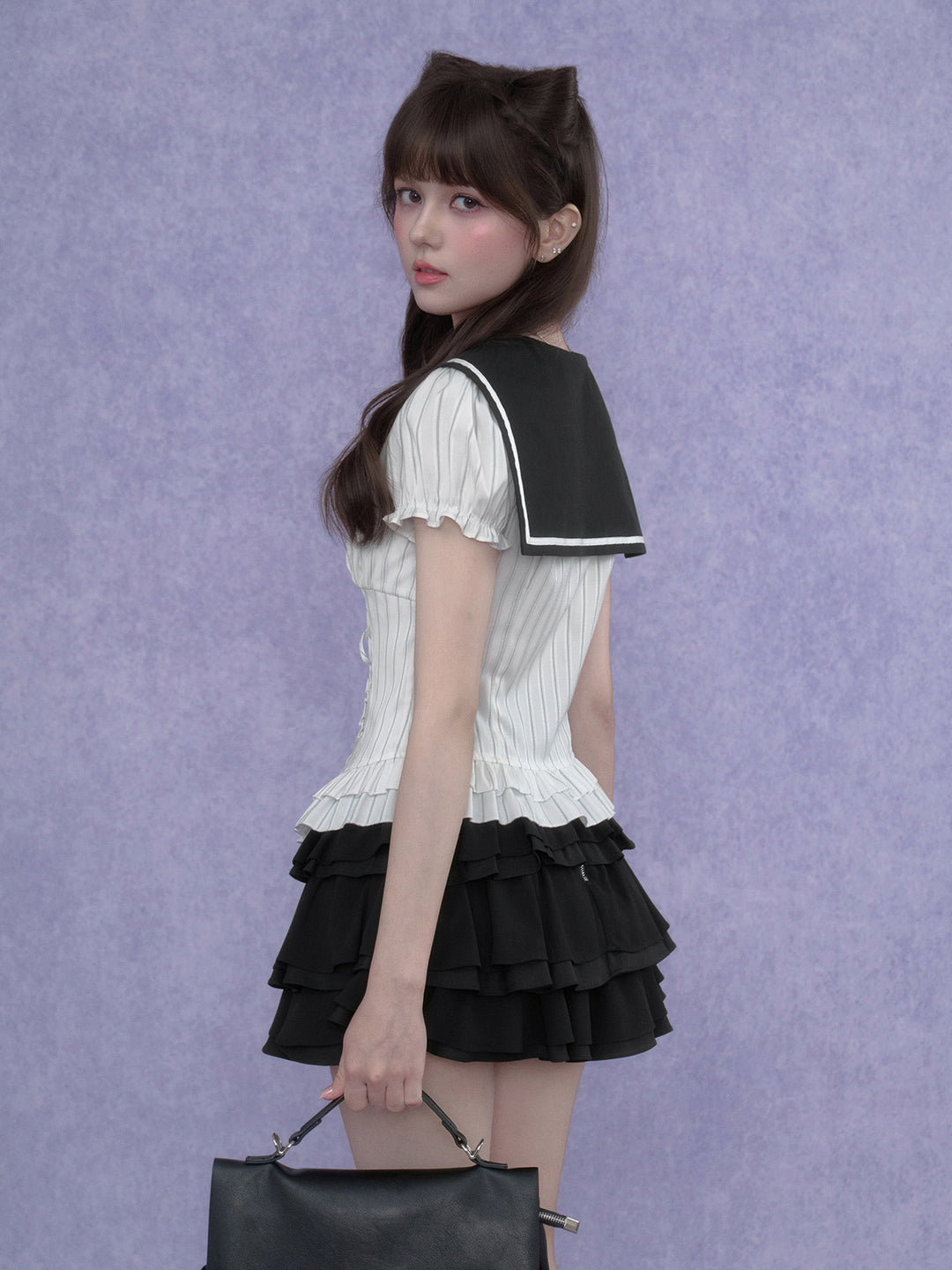 Pinstripe Sailor Collar Ruffle Top