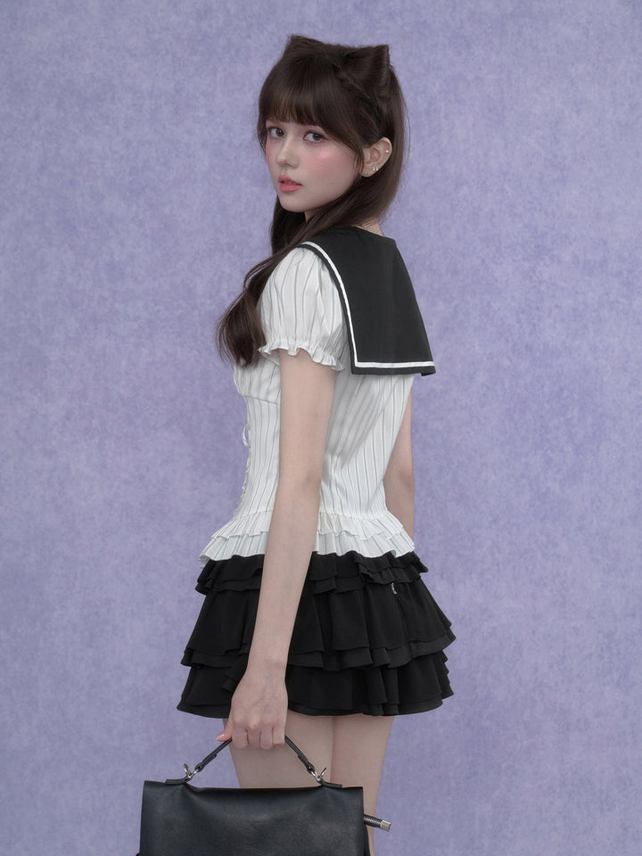 Pinstripe Sailor Collar Ruffle Top