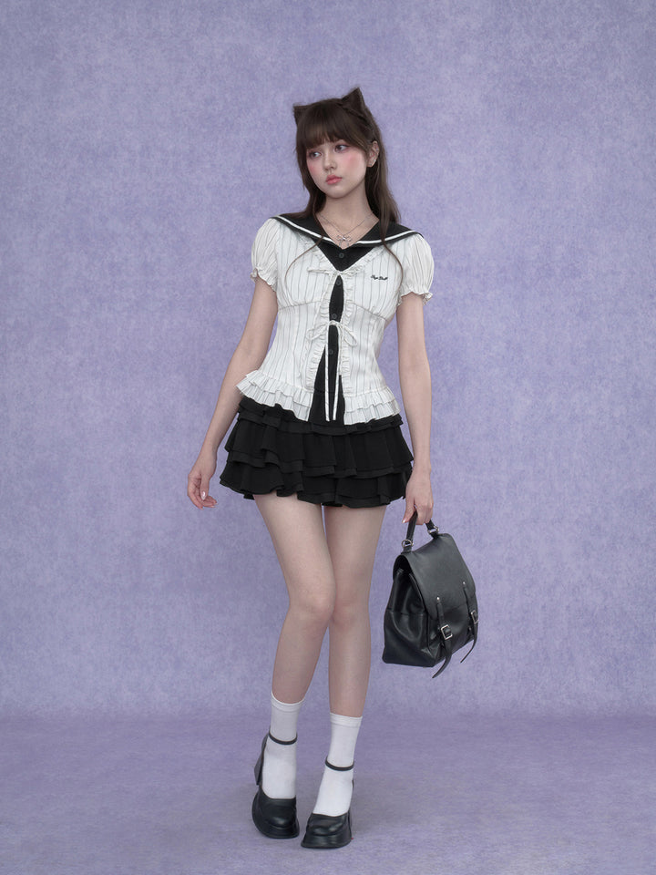 Pinstripe Sailor Collar Ruffle Top