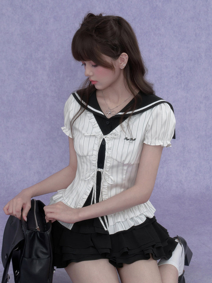 Pinstripe Sailor Collar Ruffle Top