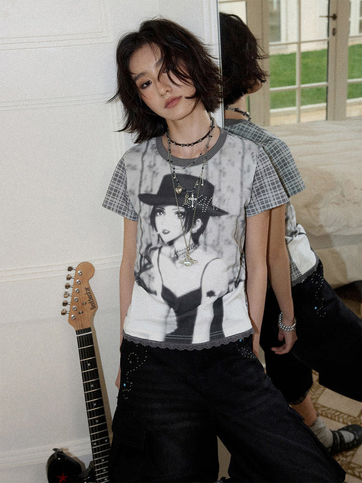 Manga Portrait Plaid Sleeve T-Shirt