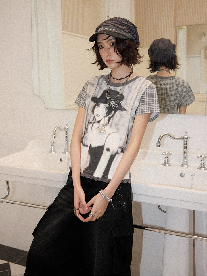 Manga Portrait Plaid Sleeve T-Shirt
