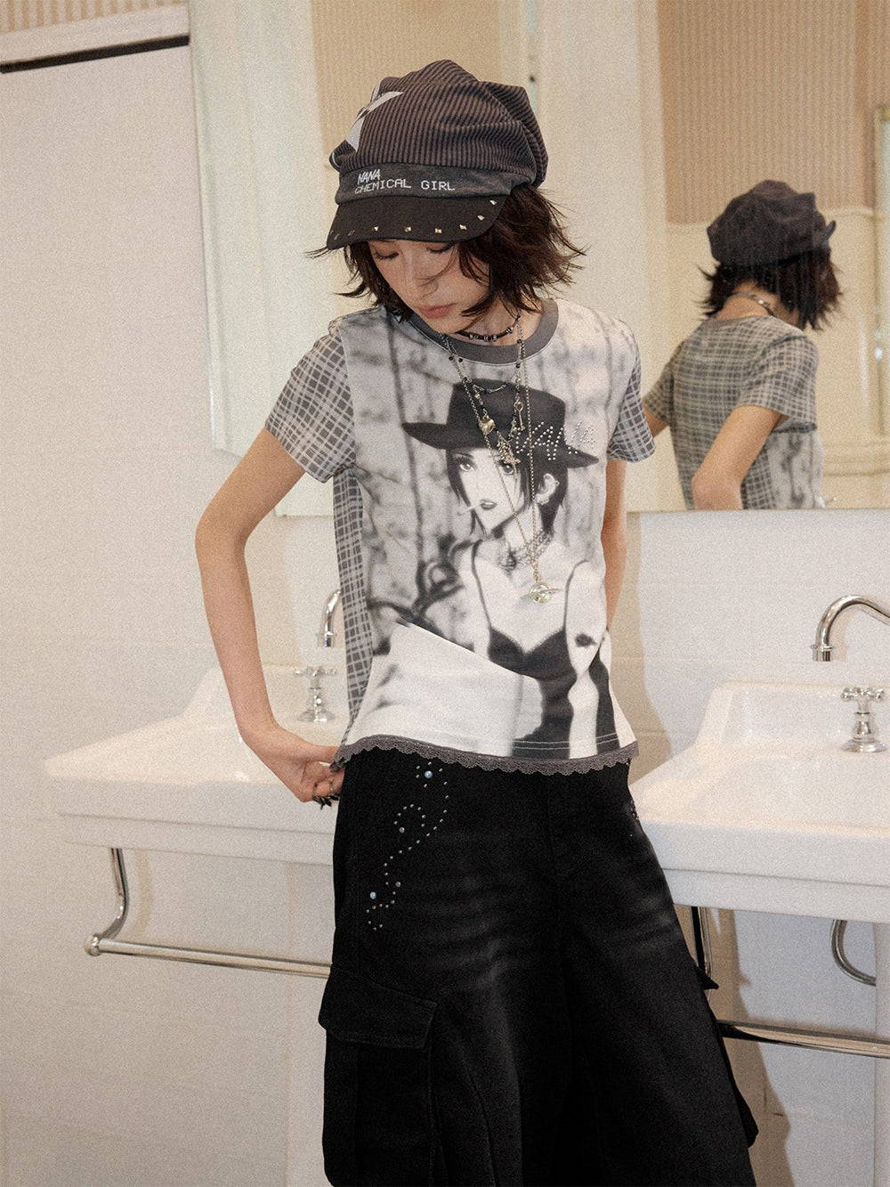 Manga Portrait Plaid Sleeve T-Shirt