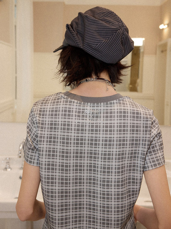 Manga Portrait Plaid Sleeve T-Shirt