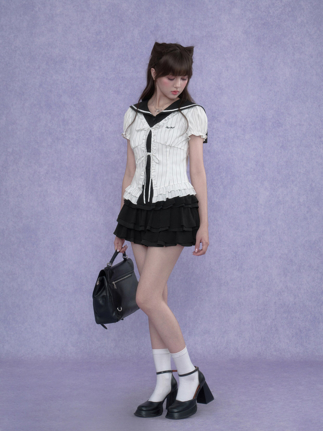 Pinstripe Sailor Collar Ruffle Top