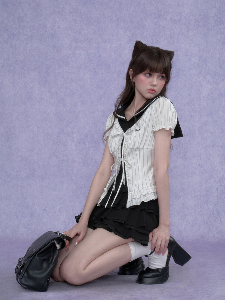 Pinstripe Sailor Collar Ruffle Top