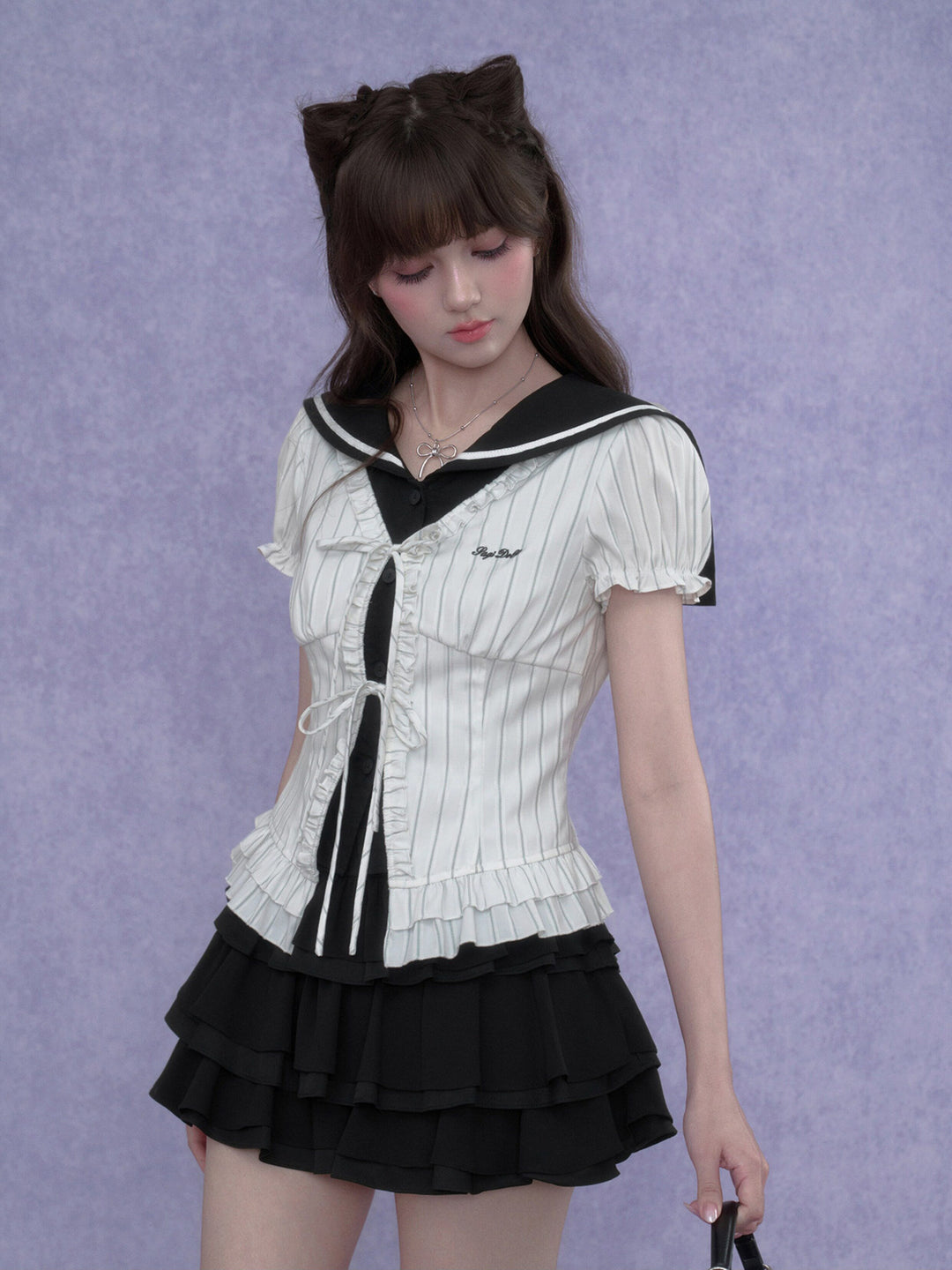 Pinstripe Sailor Collar Ruffle Top