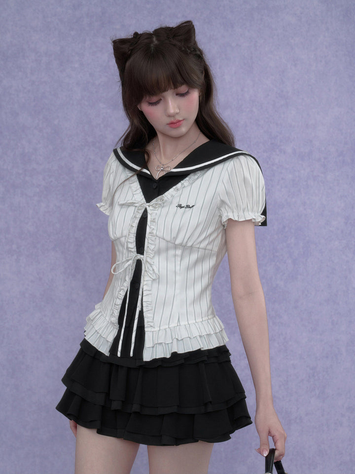 Pinstripe Sailor Collar Ruffle Top