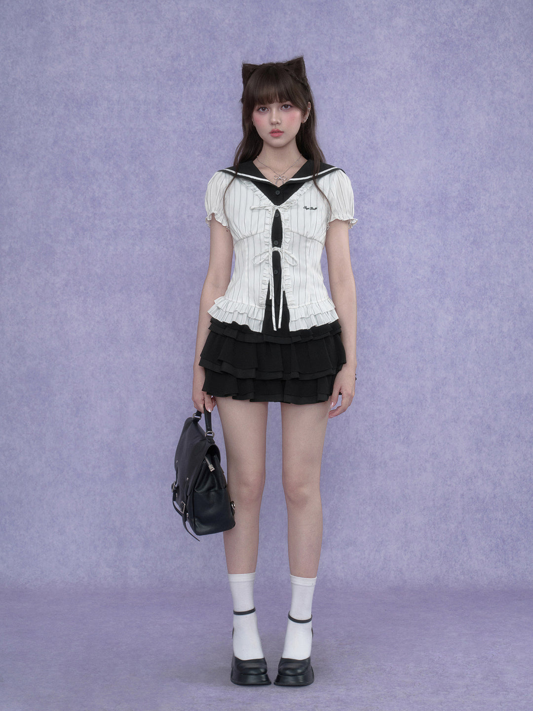 Pinstripe Sailor Collar Ruffle Top