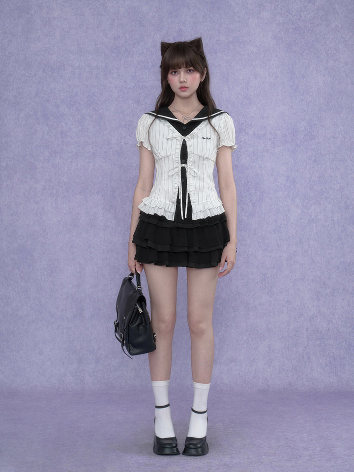 Pinstripe Sailor Collar Ruffle Top