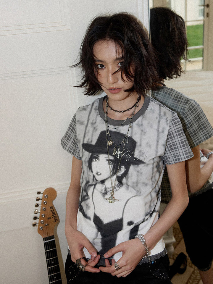 Manga Portrait Plaid Sleeve T-Shirt