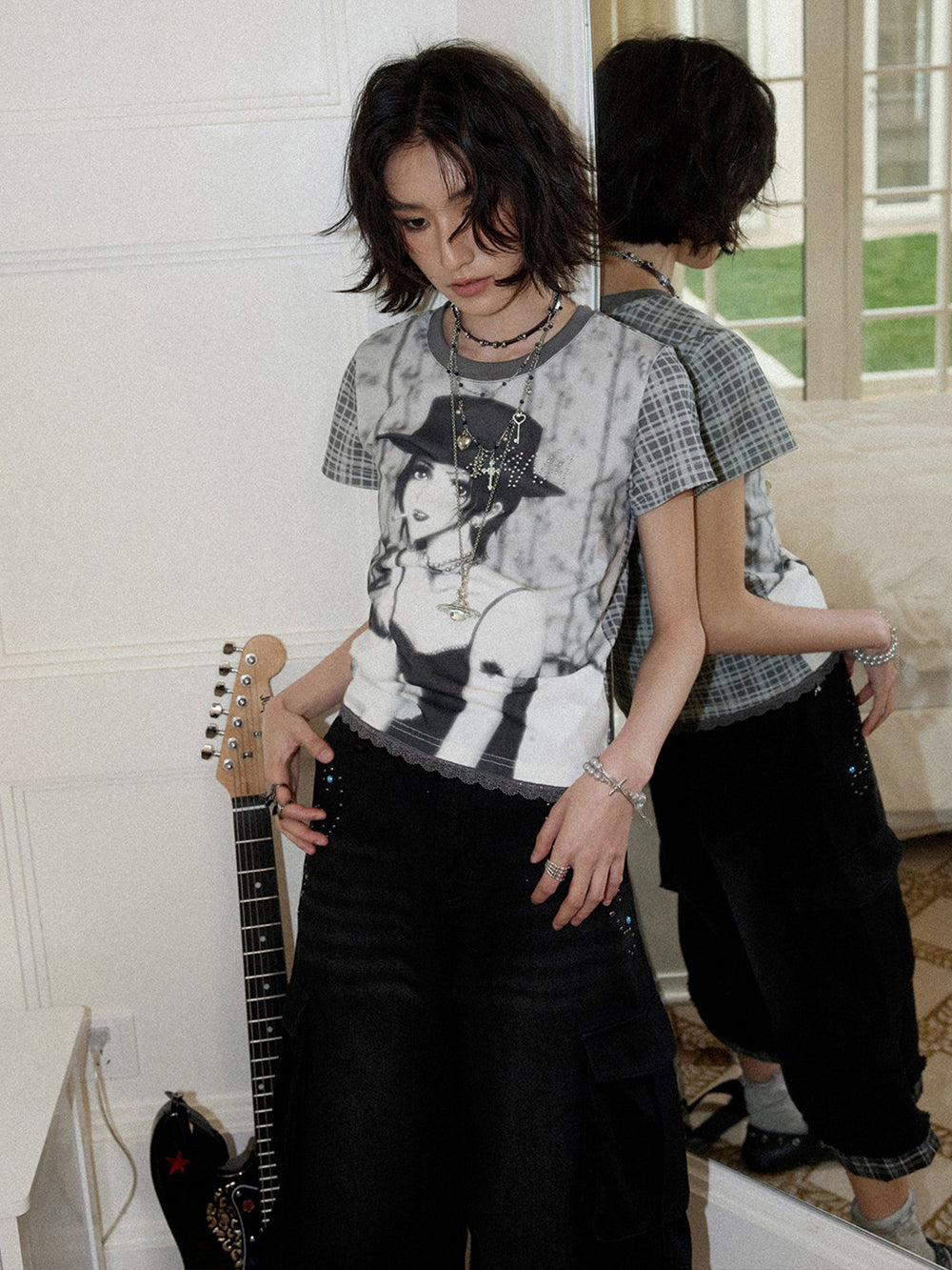 Manga Portrait Plaid Sleeve T-Shirt