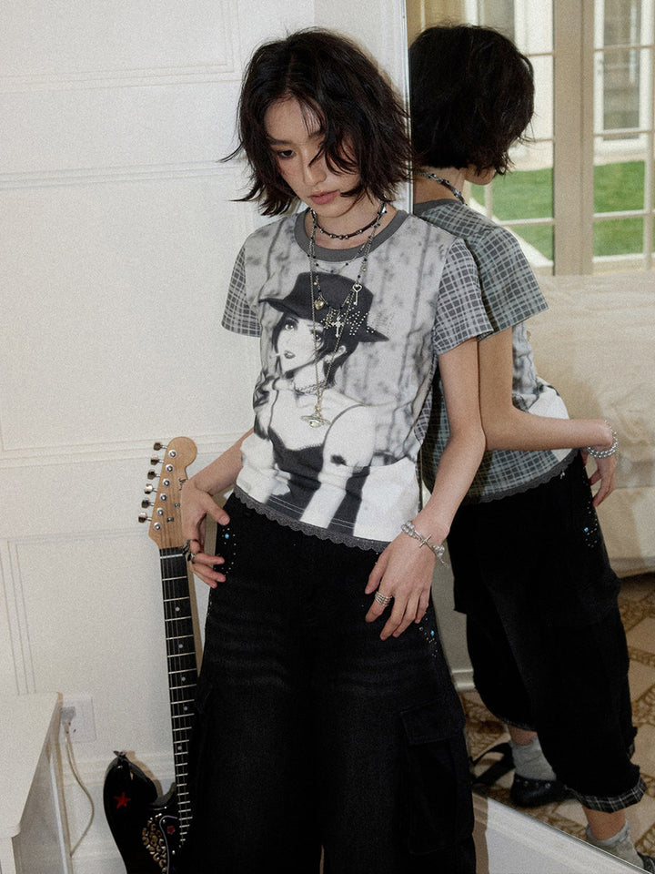 Manga Portrait Plaid Sleeve T-Shirt