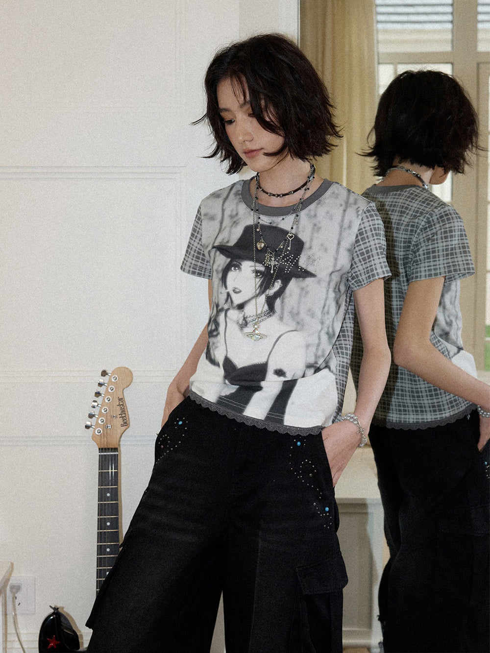 Manga Portrait Plaid Sleeve T-Shirt