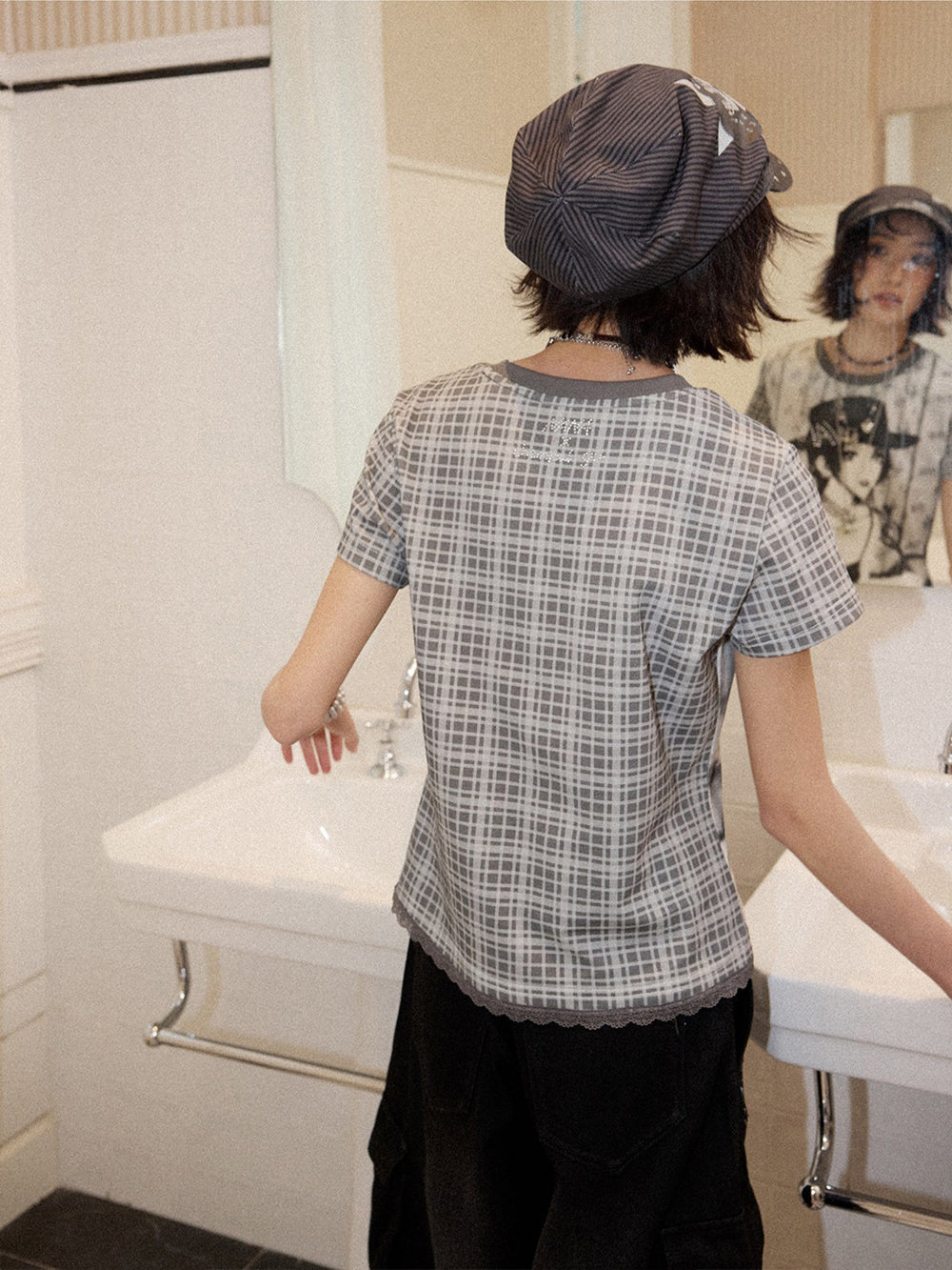 Manga Portrait Plaid Sleeve T-Shirt
