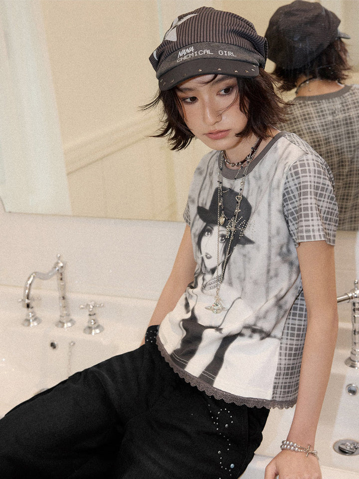 Manga Portrait Plaid Sleeve T-Shirt