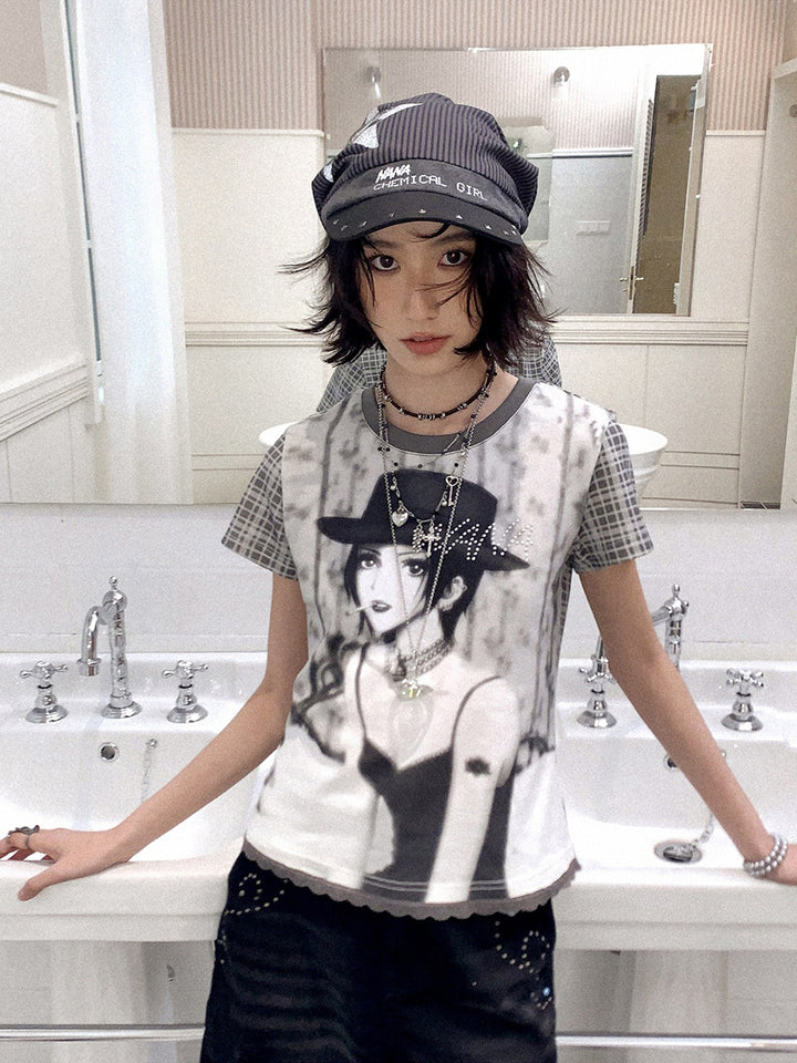 Manga Portrait Plaid Sleeve T-Shirt