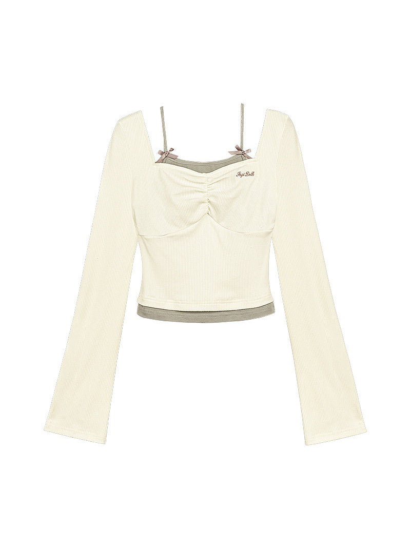 Bow Strap Faux Layered Crop Top