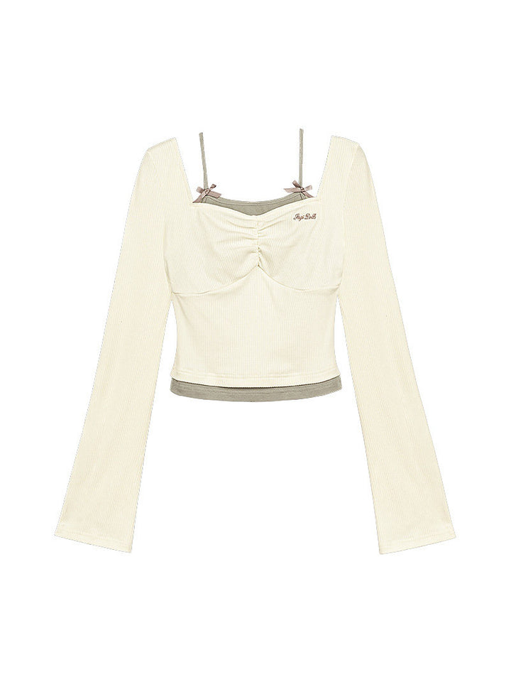Bow Strap Faux Layered Crop Top