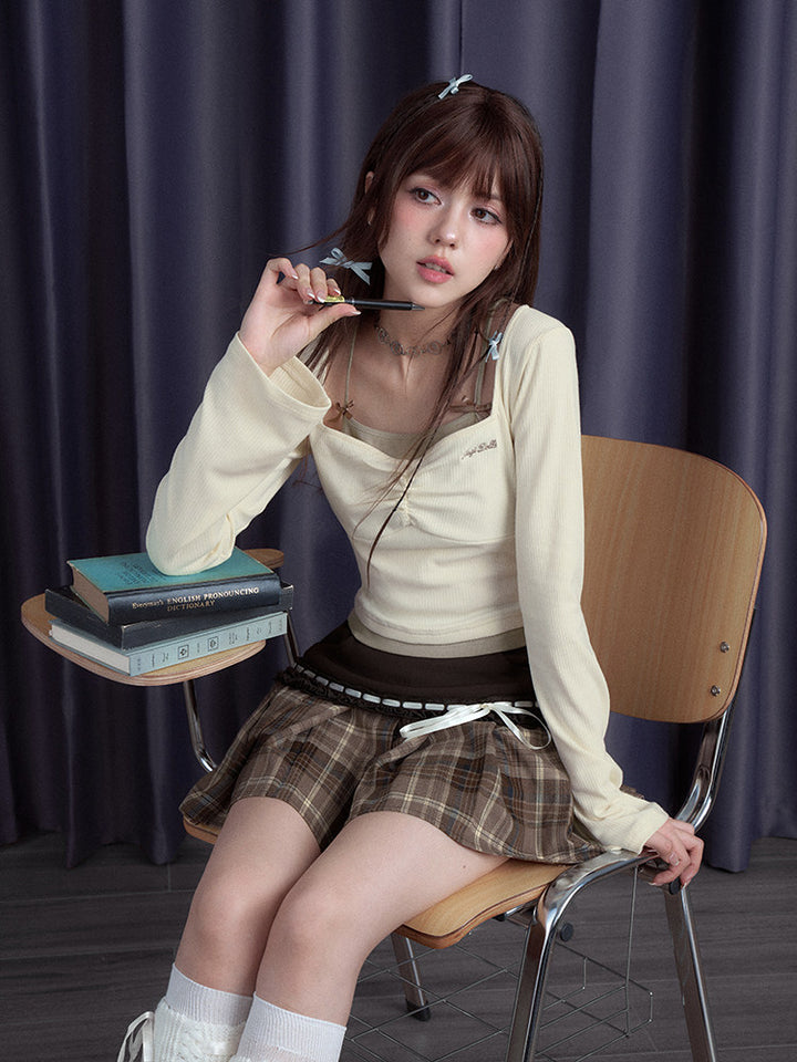 Bow Strap Faux Layered Crop Top