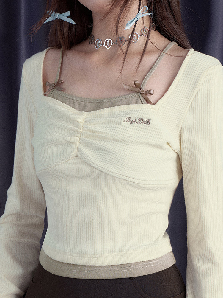 Bow Strap Faux Layered Crop Top