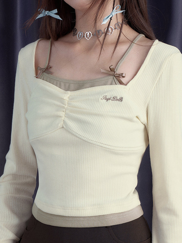 Bow Strap Faux Layered Crop Top