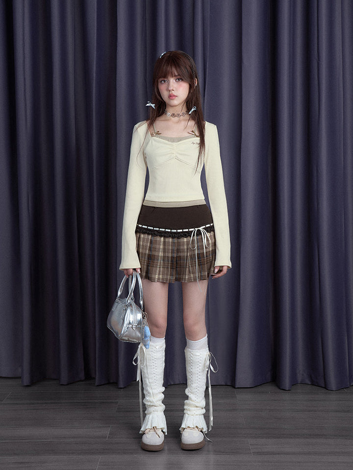 Bow Strap Faux Layered Crop Top