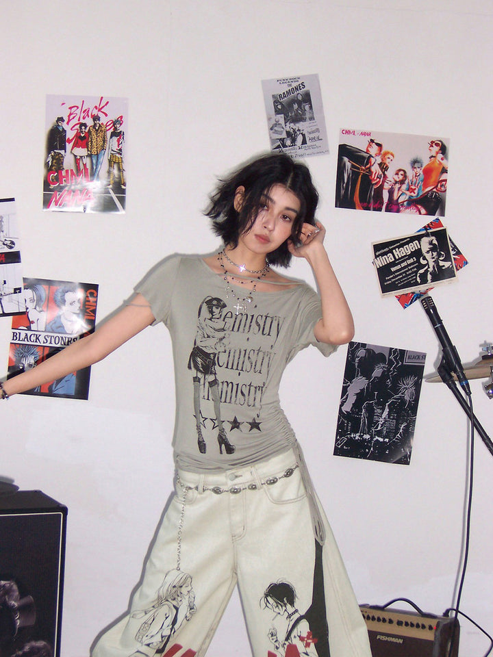 Manga Graphic Ruched Asymmetrical Top