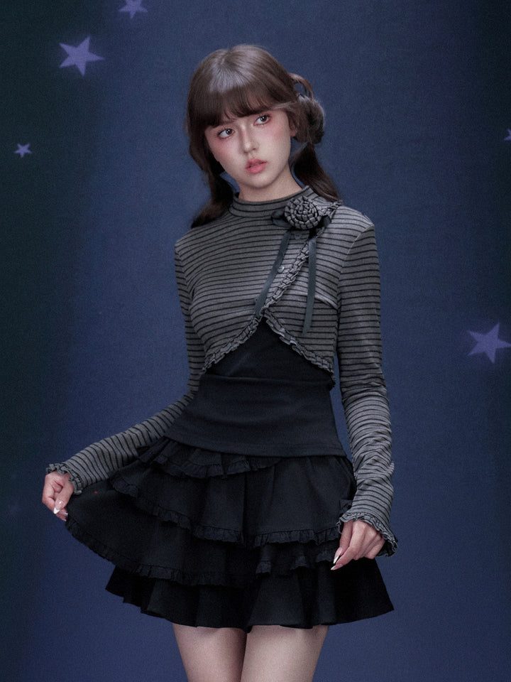 Rose Brooch Layered Striped Top