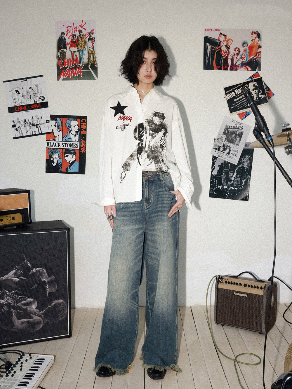 Manga Guitar Graphic Long Sleeve Shirt
