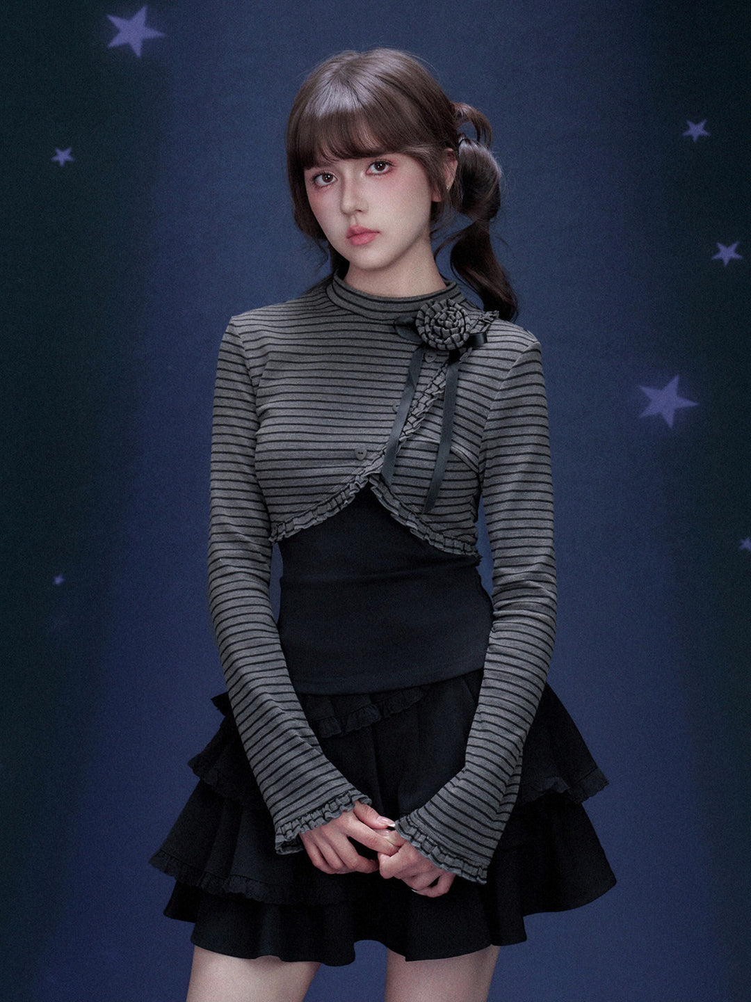 Rose Brooch Layered Striped Top