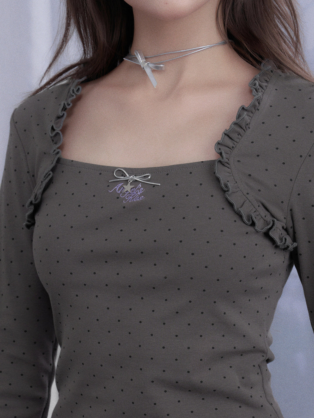 Ruffle-Trim Polka Dot Square Neck Top