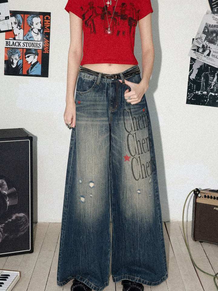 Distressed Typography Wide Leg Jeans