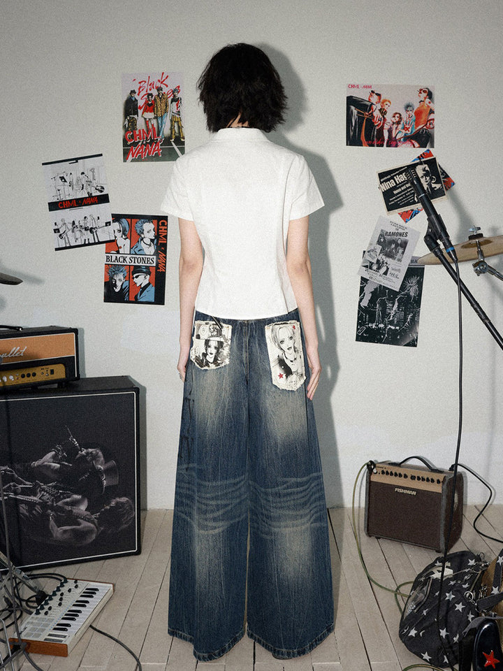 Distressed Typography Wide Leg Jeans