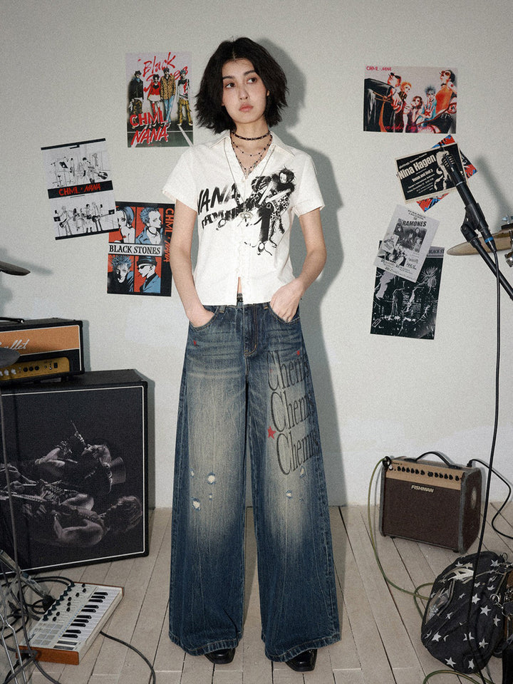 Distressed Typography Wide Leg Jeans