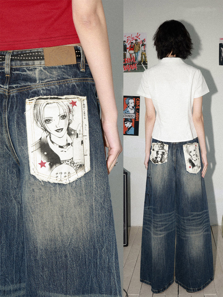 Distressed Typography Wide Leg Jeans