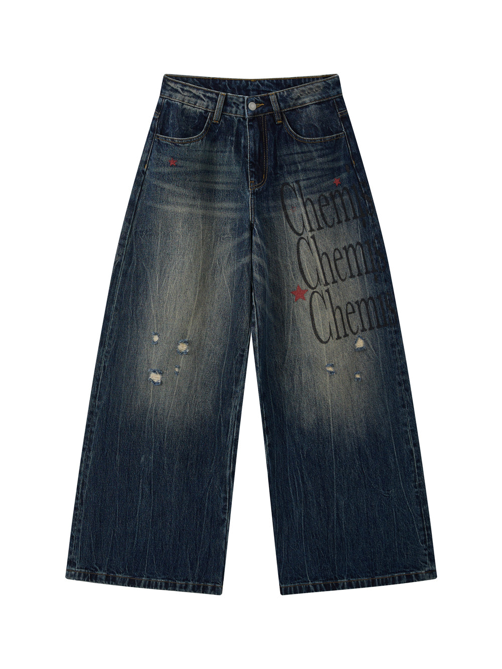 Distressed Typography Wide Leg Jeans