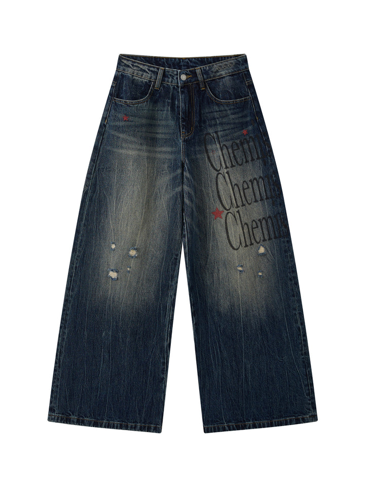 Distressed Typography Wide Leg Jeans