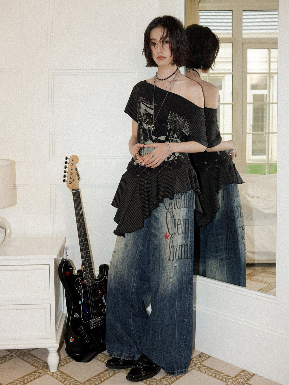 Distressed Typography Wide Leg Jeans