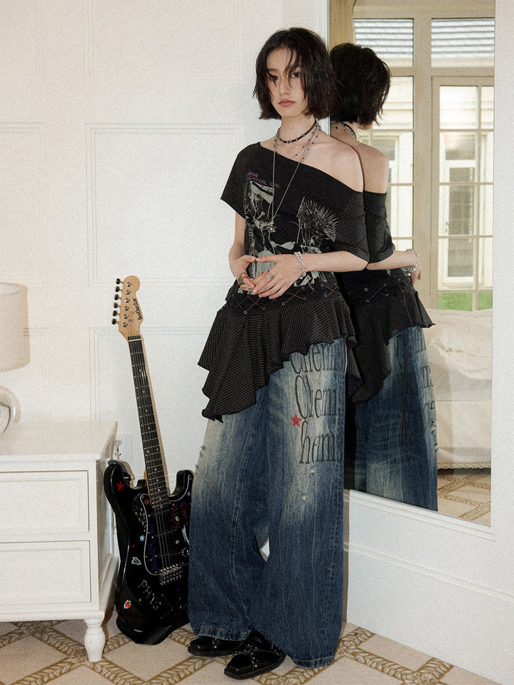 Distressed Typography Wide Leg Jeans