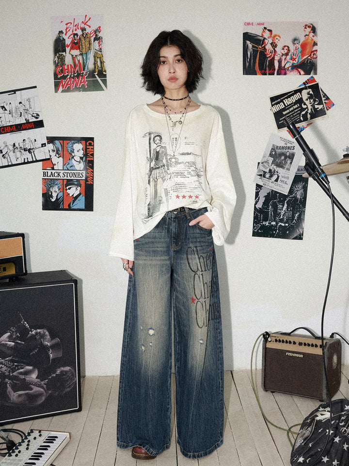Distressed Typography Wide Leg Jeans