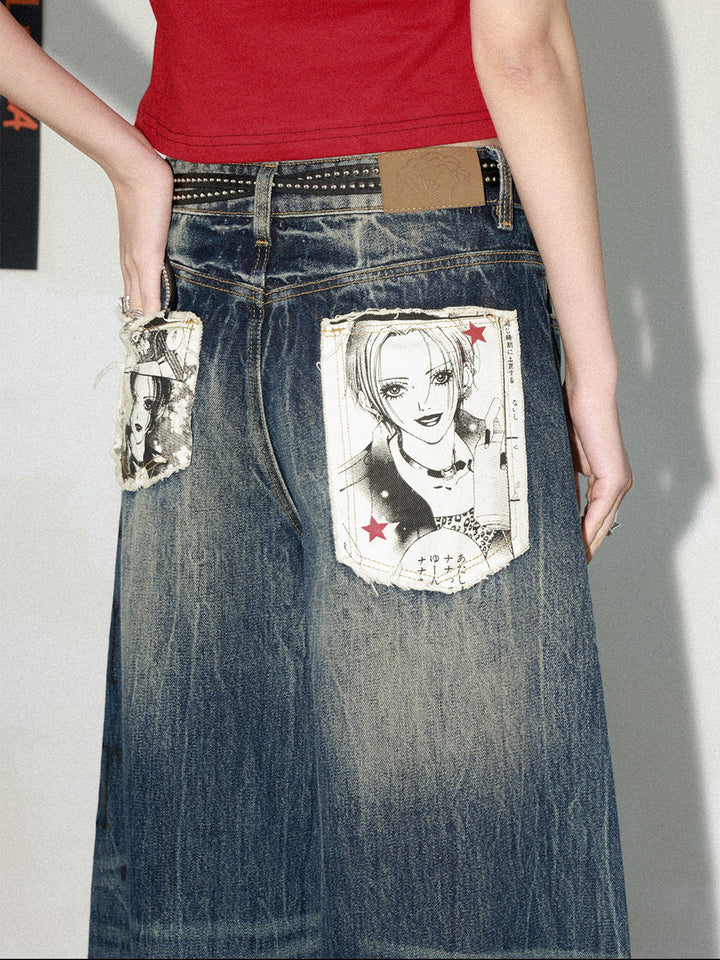 Distressed Typography Wide Leg Jeans