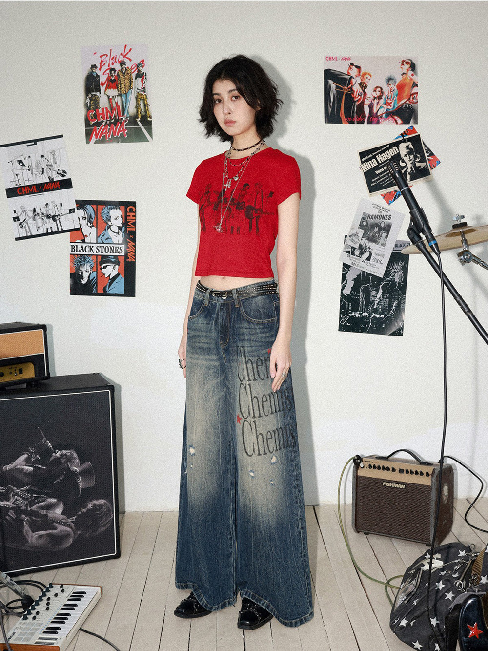 Distressed Typography Wide Leg Jeans