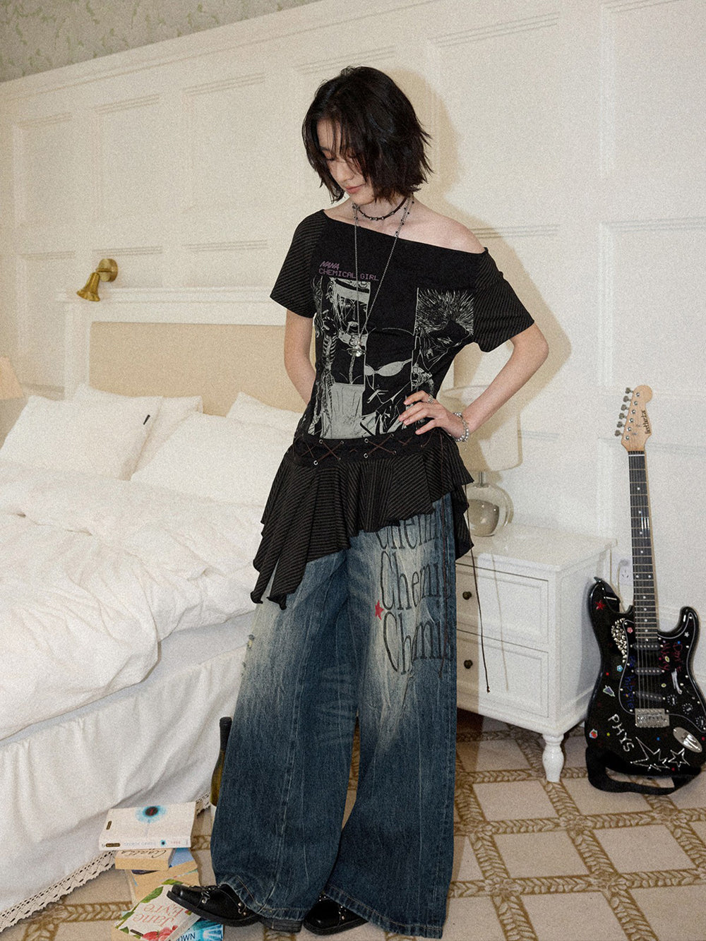 Distressed Typography Wide Leg Jeans