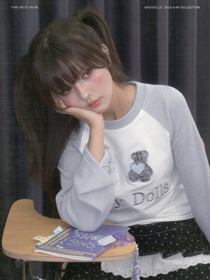 Teddy Bear Raglan Sleeve Graphic Top